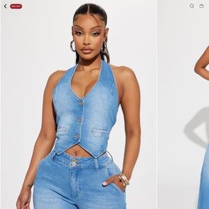Light Blue Denim Plunge V-Neck Halter Top